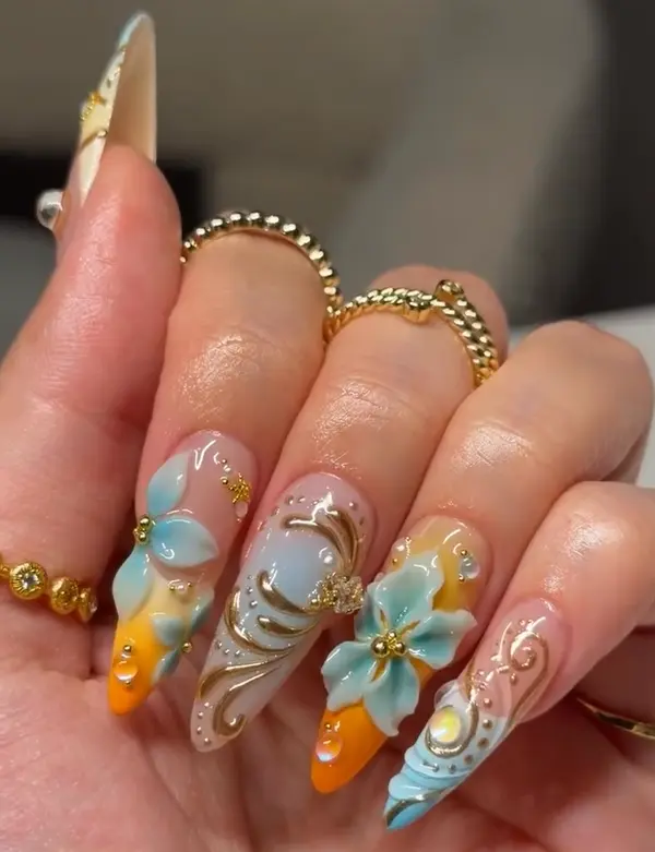 Handmade Luxury Tropical Flower Press On Nails | 3D Hibiscus Blue Orange Gold Swirl Reusable Fake Nails | Vacation Summer Nail Art
