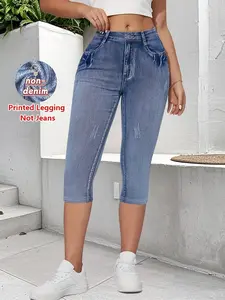 Fashion Printed Leggings Lightweight Non-Denim Fabric, Slim Fit Seven-Quarter Pants, Casual Beachwear, Perfect for Daily Wear, Everyday and Outdoors