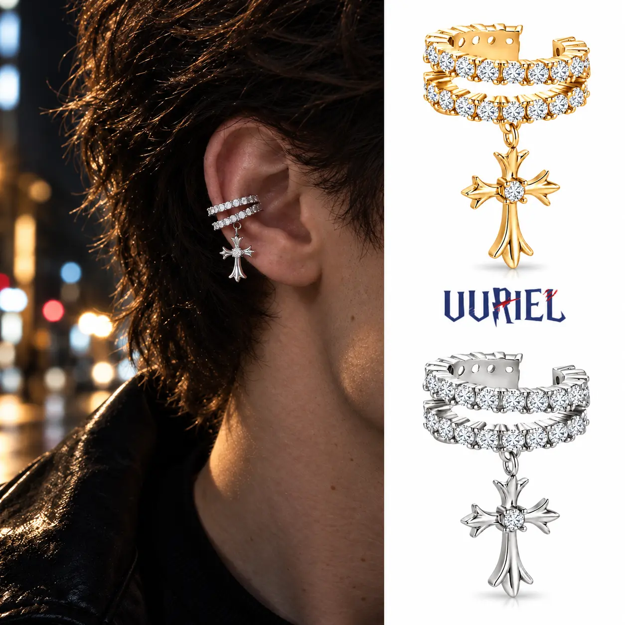 UURiel Cross Ear Cuff for Men Women, No Piercing Double Row 5A CZ Ear Clip with Dangle Cross, Sparkling Cartilage Cuff Earring, Hip Hop Punk Jewelry