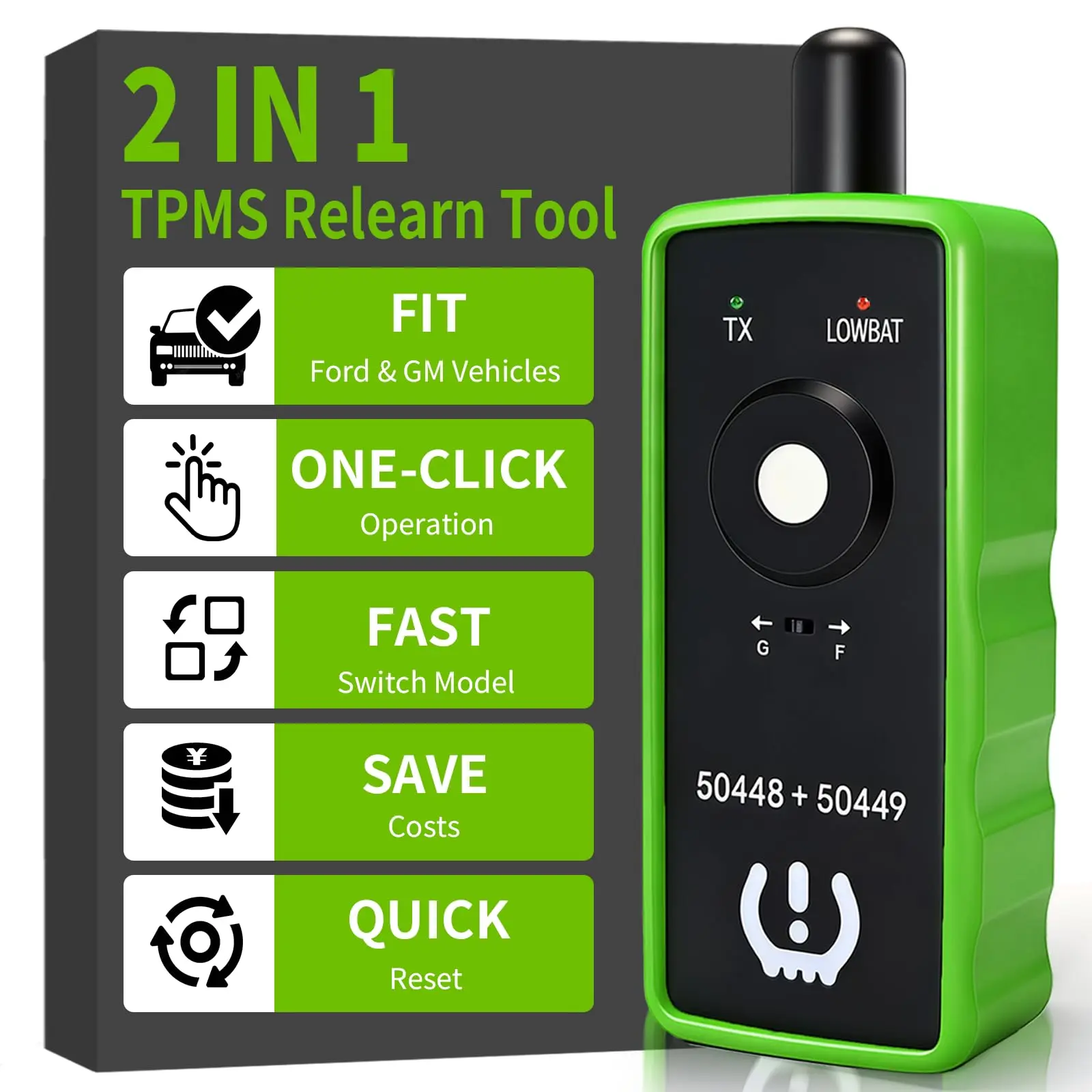 2-in-1 TPMS Reset & Tire Sensor Relearn Tool for Ford, GM, 1-Button Switch, Fast Tire Pressure Warning Light Fix, EL50448 EL50449 Car Diagnostic Tool