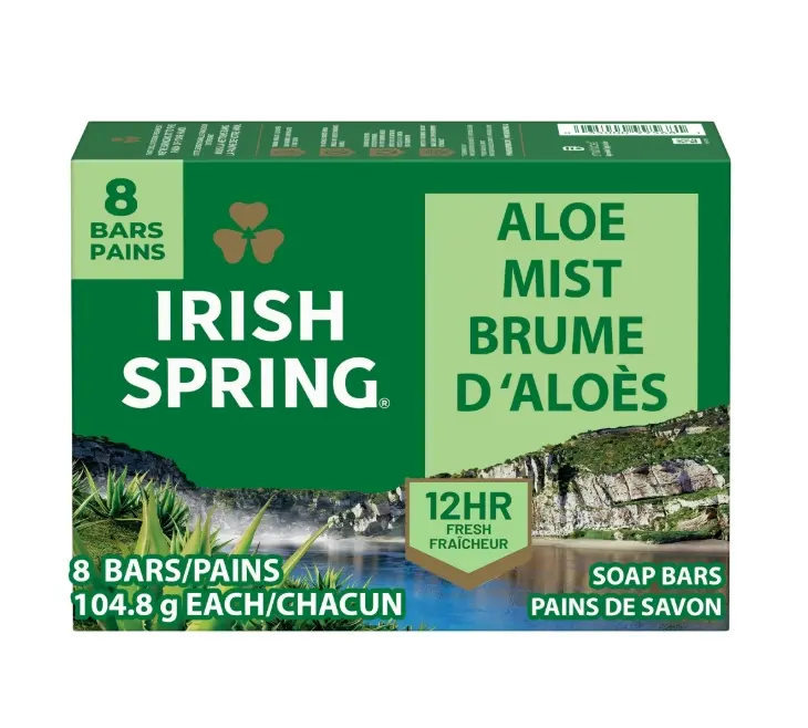 Irish Spring Aloe Mist Deodorant Bar Soap for Men, 3.7 oz Bars, 8 Pack, 12-Hour Fresh Deodorant Protection, Aloe-Infused Bar Soap for Daily Cleansing, Rich Lather, Long-Lasting Fresh Scent, Body & Face Soap