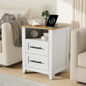 Farmhouse 2 Drawer Nightstand with Charging Station, Compact Bedside Table for Small Spaces, Wood End Table for Bedroom, 23.6 Inch Tall Night Stand