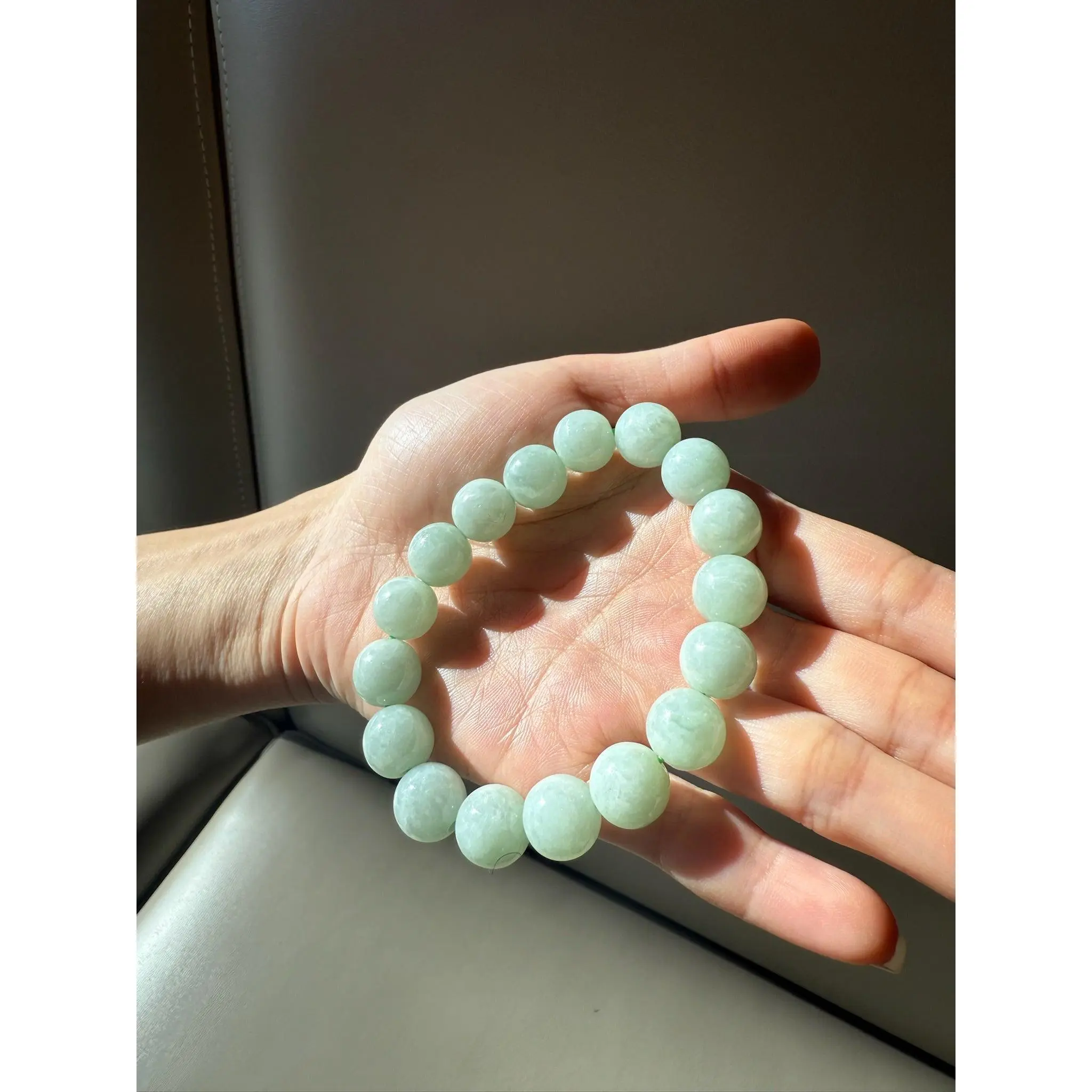 Natural Jadeite Pale Green 12mm Bead Bracelet