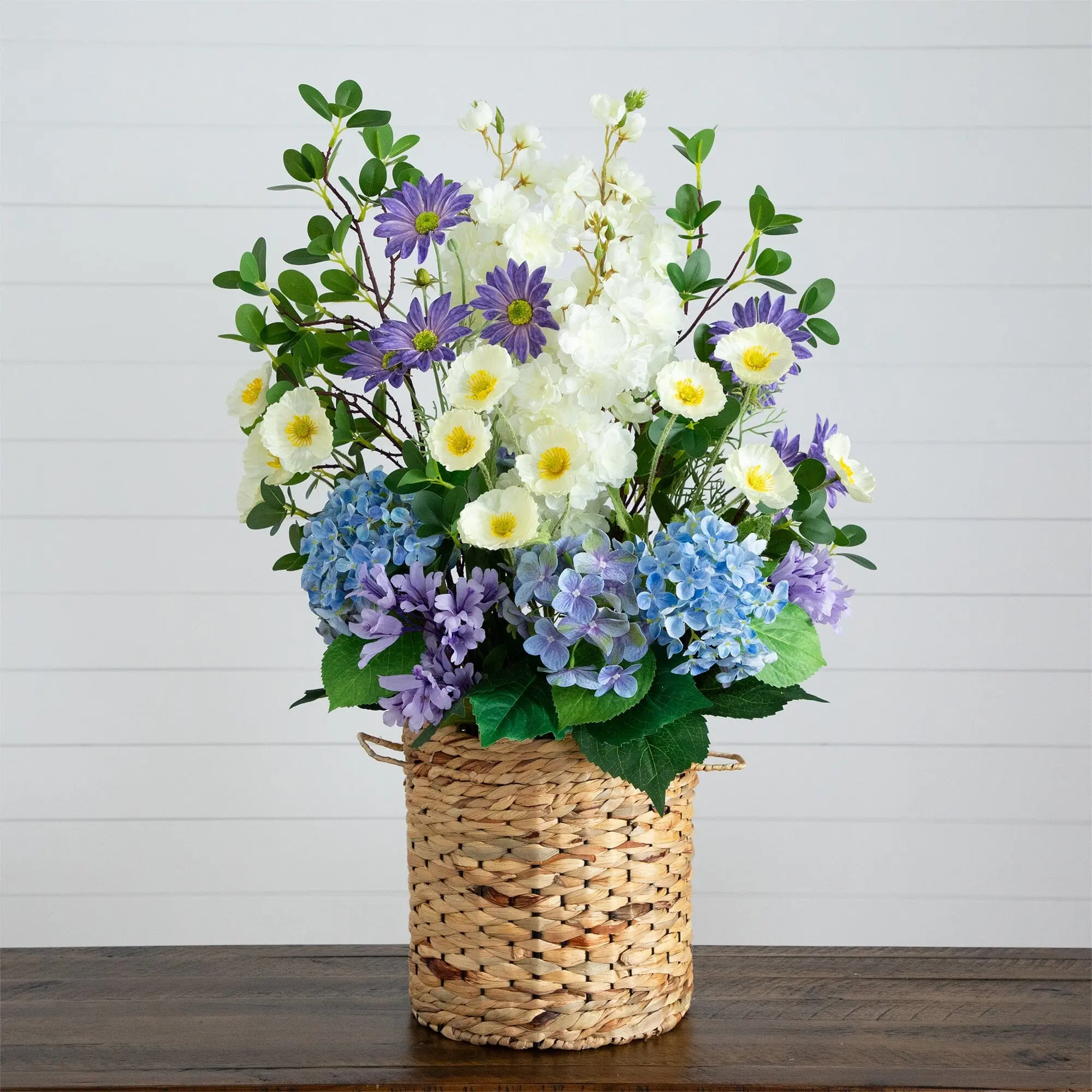 31-in Decorative Artificial Mixed Flowers & Hydrangea Arrangement - Potted in Hyacinth Weave Basket for Home Decor, Cozy Corner Ornaments