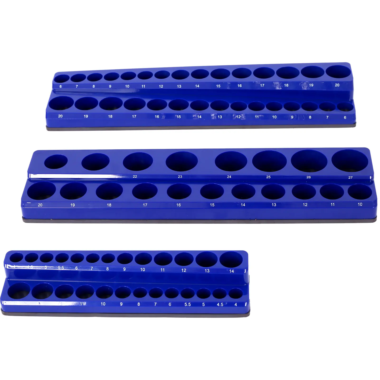 3Pcs SAE Magnetic Socket Organizer Set, 68 Slots 1/4, 3/8, 1/2 Inch Drive Socket Organizer Tray Set，Heavy Duty Plastic Magnetic Socket Holder Anti-Scratch Backing Strong Magnetic Tool Storage Rack for Garage Workshop Metal Surface Tool Arrangement