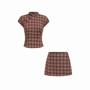 Cider Mandarin Collar Plaid Top & Mid Rise Zipper Mini Skort Set