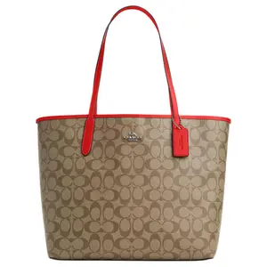COACH City 33 Vintage Monogram Magnetic Closure Faux Leather Tote Bag for Women, Khaki and Miami Red