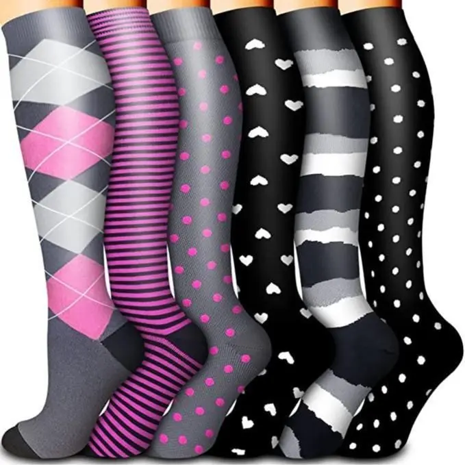 MhzyCaus Women's 6-Pack Compression Socks Fun Pattern, Lightweight Breathable & Moisture-Wicking Sport Socks with Elastic Fit, Calf Length for Work, Running, Travel & Casual Daily Wear, All-Seasons