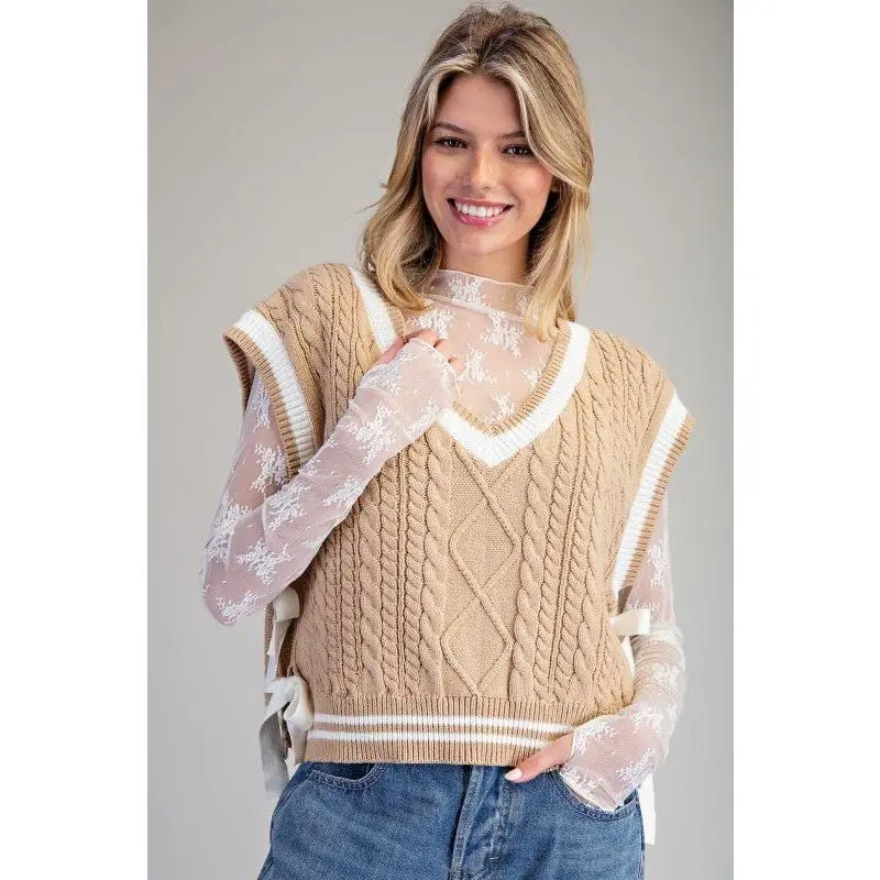 eesome V-Neck Side-Tie Cable Knit Sleeveless Western Sweater Vest — Preppy-Modern Cropped Layering