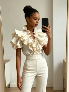 Cream Color Stand Collar Ruffled Blouse with Exaggerated Layered Ruffle Short Sleeves for Work and Leisure, Suitable for Office, Brunch, Date, and Cocktail Parties