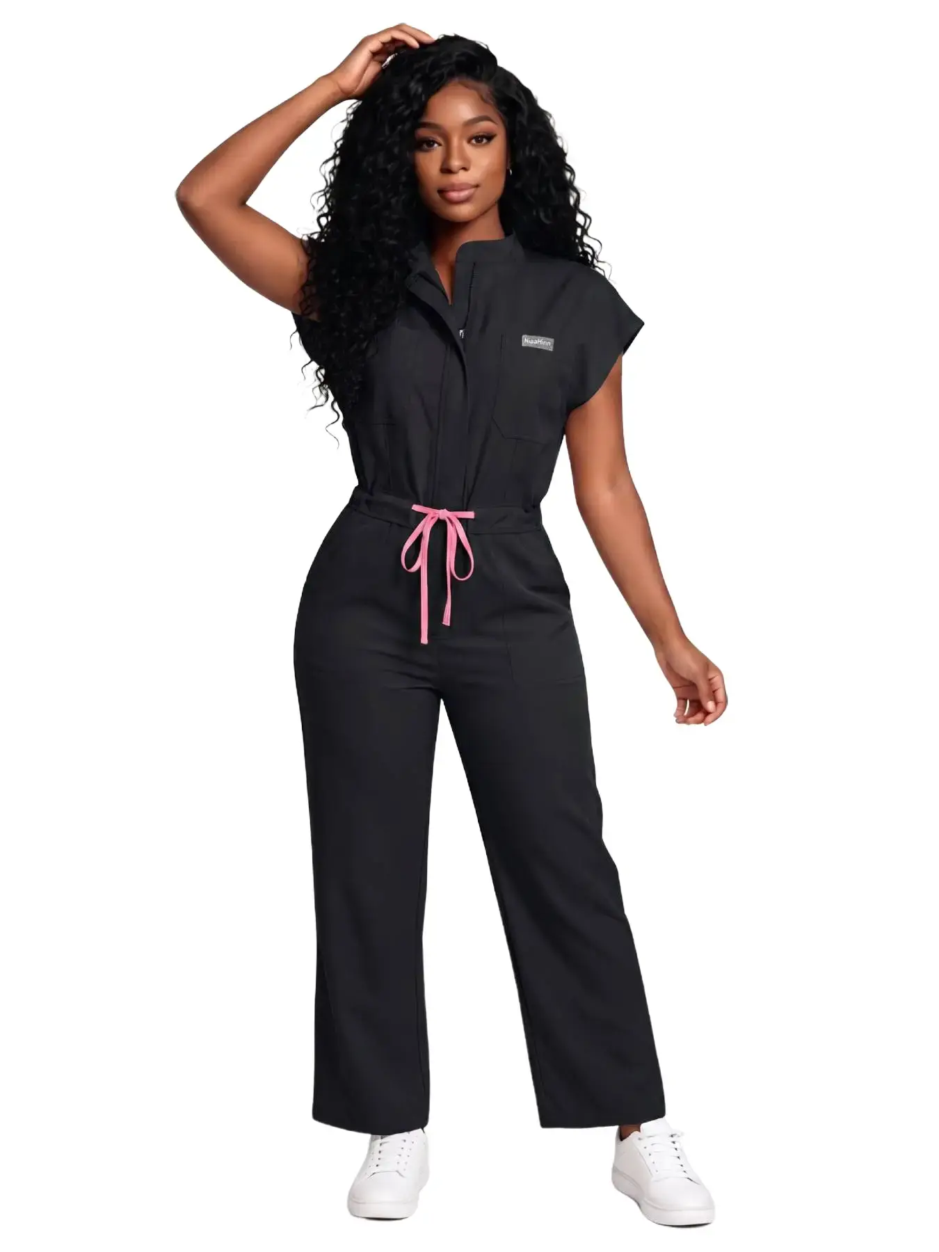 Women’s one-piece scrub jumpsuit with sleeves; soft fabric, breathable and quick-drying; multiple pockets with large capacity; comfortable for extended wear that won’t make you sweat; suitable for dental clinics and other work environments.