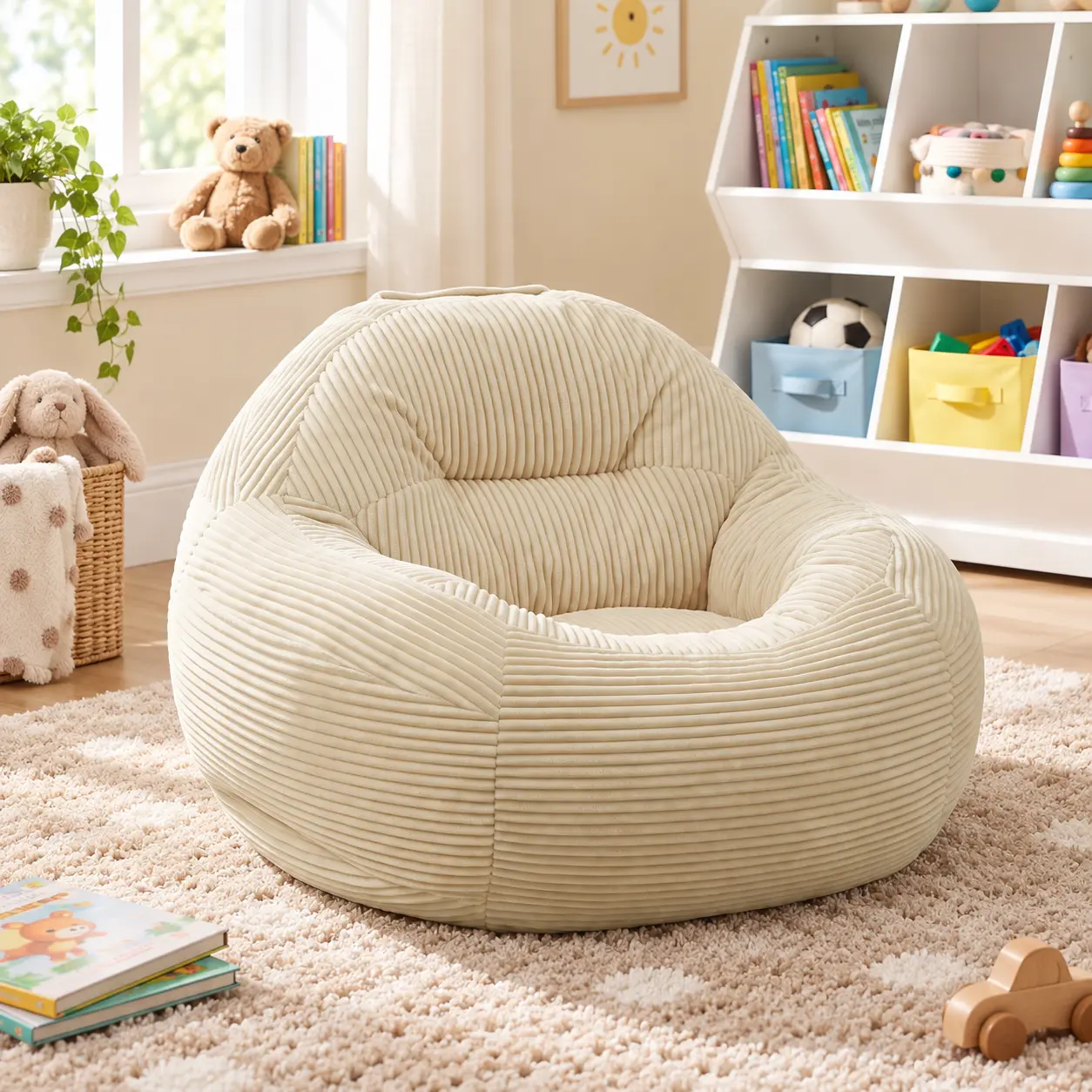 No-Collapse Corduroy Bean Bag Chair, Premium Oversized Foam Lounge Sofa with Non-Slip Bottom, Carry Handle, Durable, Comfy Kids Floor Furniture for Reading, Playing stuffed bag couch Memory Cushion