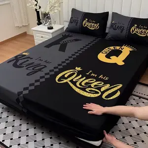 3-Piece Bedding Set, Fitted Sheet + 2 Pillowcases (no Pillows), High-Definition Crown Letter Print, Dorm Essentials, Queen