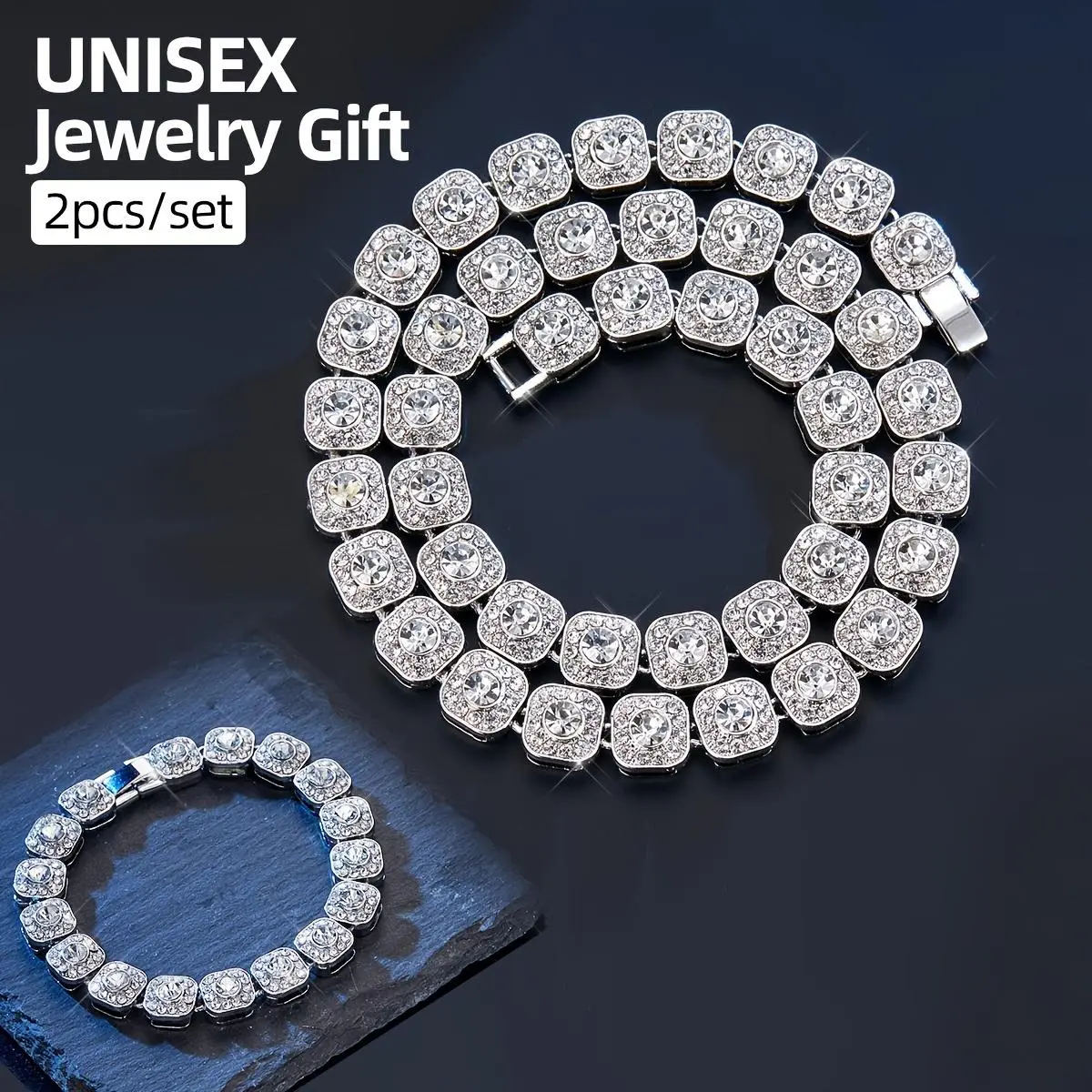 Iced Out Hip Hop Necklace Bracelet Set Mens Rhinestone Bling Jewelry 10mm Ice Crystal Square Chain Fashion Versatile