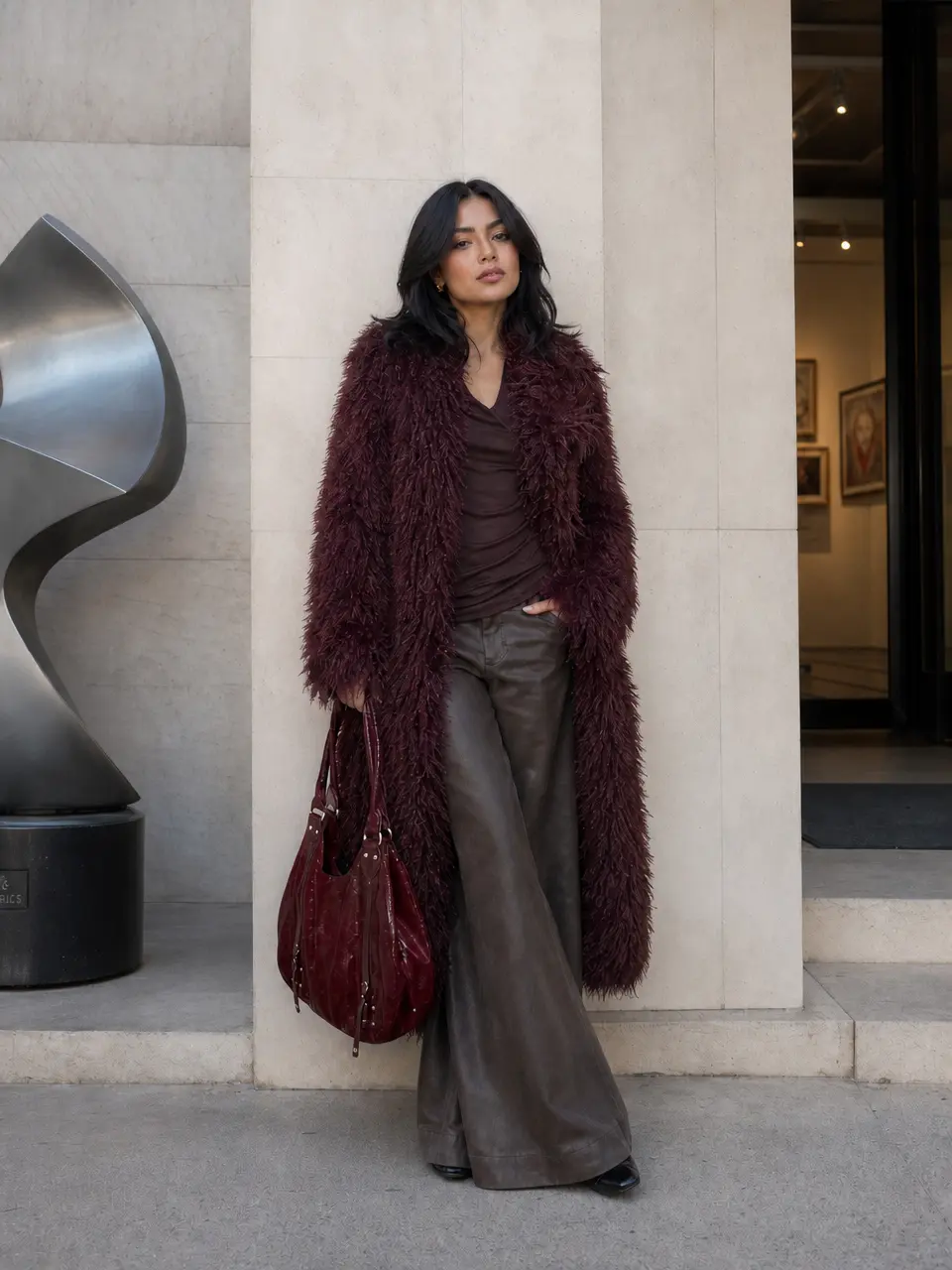 Burgundy Shaggy Faux Fur Long Coat Women, Open Front Fluffy Oversized Vintage Y2K Winter Warm Furry Overcoat