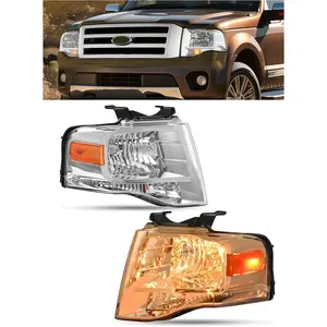 HECASA Pair Halogen Headlights Compatible with 2007-2014 Ford Expedition Headlamp Front Corner Light Lamp w/Bulb Replacement for FO2502226 FO2503226 Clear Lens Chrome Housing Driver and Passenger Side