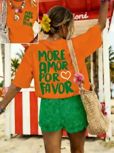 Women's Letter Print T-Shirt Piece, Casual Round Neck, Fitted Style, Comfortable for All Seasons, Perfect for Dating and Daily Wear