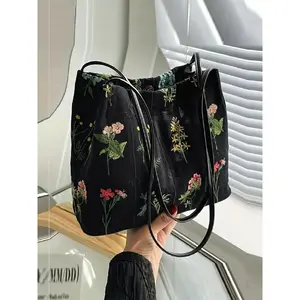 Random Floral Embroidered Canvas Shoulder Bag for Women, Fashion Large Capacity Tote Bag Trendy Shopping Bag