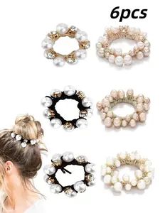 6pcs Pearl Hair Ties, Elastic Hair Scrunchies with Crystal Beads, Bulk Hair Ropes, Stretchy Handmade Boho Style, Perfect for Bridal & Bachelorette Parties, Pearl Beaded Hair Ties