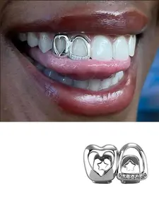 1Pc Women's Teeth Grillz Tooth Gem Hip Hop Style, Hollow Out Heart Design, Copper Material with Zirconia Stones, Fashion Jewelry Accessory