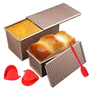 2 Pack Pullman Loaf Pan with Lid, 1 lb/0.5 lb Dough Capacity for Homemade Bread, Non-stick Corrugated Carbon Steel Bread Toast Box with Cover for Bakeware, Sandwich & Toast Oven Baking, Gold