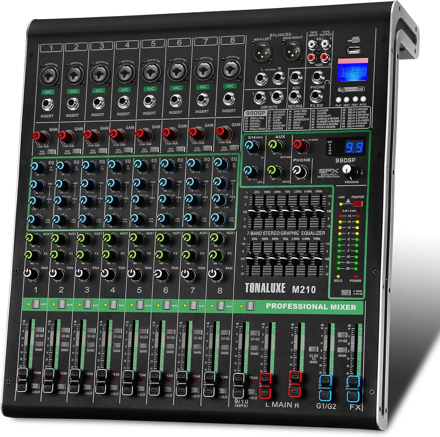 Tonaluxe 10-Channel Mixer Audio - Professional PA/DJ Mixing Console for Live Sound, Recording & Streaming, 99 DSP Effects, Dual 7-Band EQ, XLR/Insert Inputs, Bluetooth, USB/MP3, PAD, MUTE, +48V