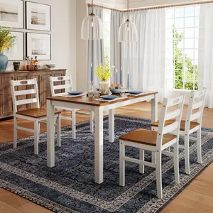 PHI VILLA Dining Table Set for 4, Classic Farmhouse Kitchen Table with 4 Chairs with Built-in Handle, Solid Wood Rectangle Dinner Table Set for Apartment Kitchen Restaurant