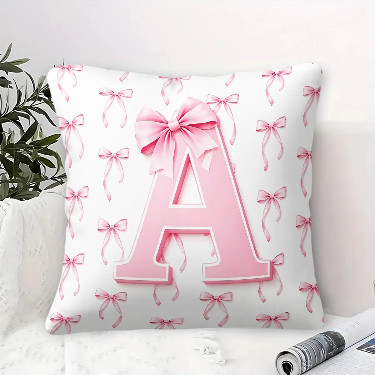 Pink Bow Monogram Initial Throw Pillow, Sweet Princess Girly Cushion Accent Pillow, Includes Pillow Core, Soft Comfortable Home Decor Pillows for Sofa Bedroom Dorm, Perfect Gift for Children, Teenagers and Girls, Soft Cushions, Home Decorative Cushion