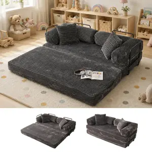 80’’ Oversized Boneless Couch, 5-in-1 Convertible Sleeper Futon Sofa Bed with 2 Pillows, Deep Seat Corduroy Floor Sofa for Small Spaces, Foldable Modular Pull Out Couch for Guest Bed Kids Play Area, No Assembly