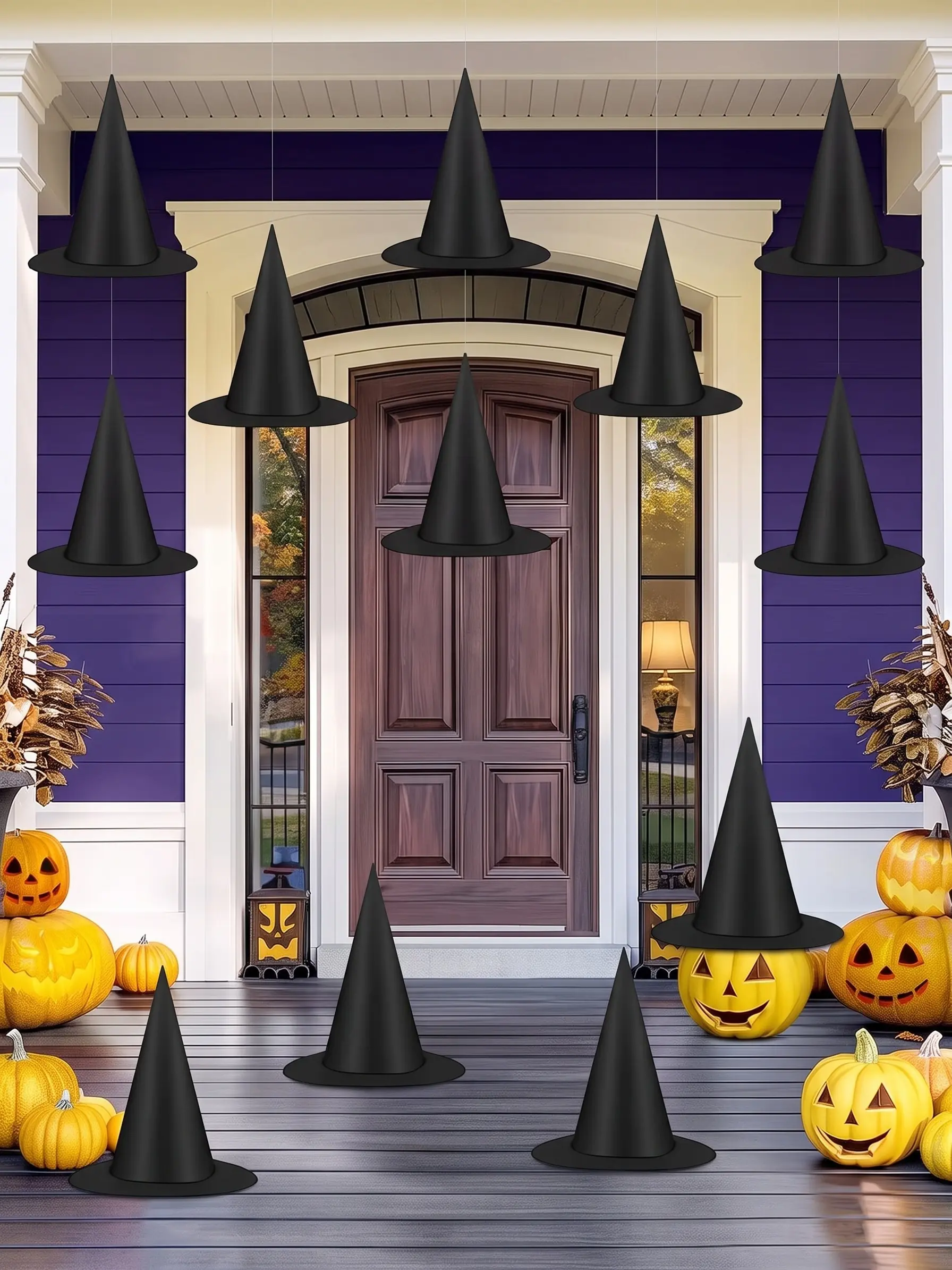 12 Pack Halloween Witch Hats Hanging Decor — 328FT Nylon Cord Indoor Outdoor Porch Yard Party Decoration