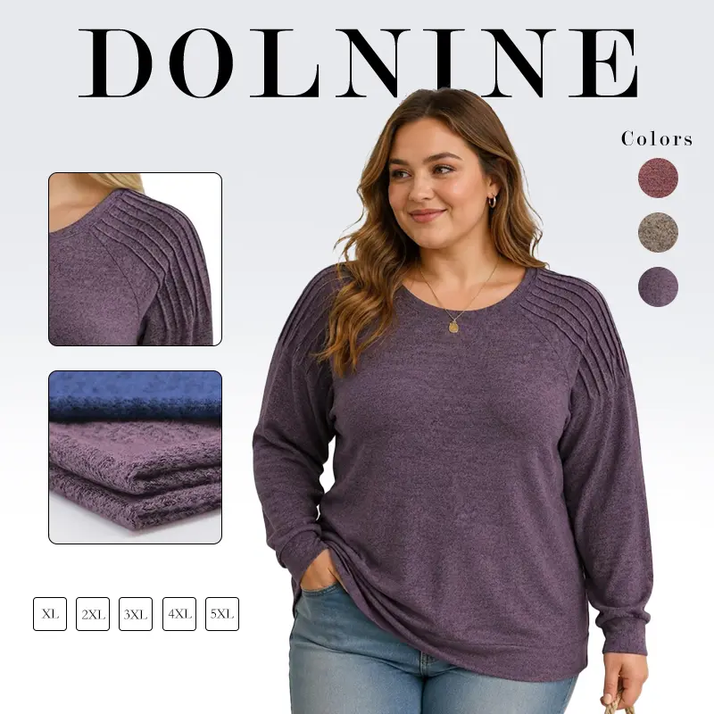 Plus-Size-Sweatshirts for Women Crewneck Pleated Long Sleeve Shirts Fashion Loose Fit Tunic Tops DPS1131