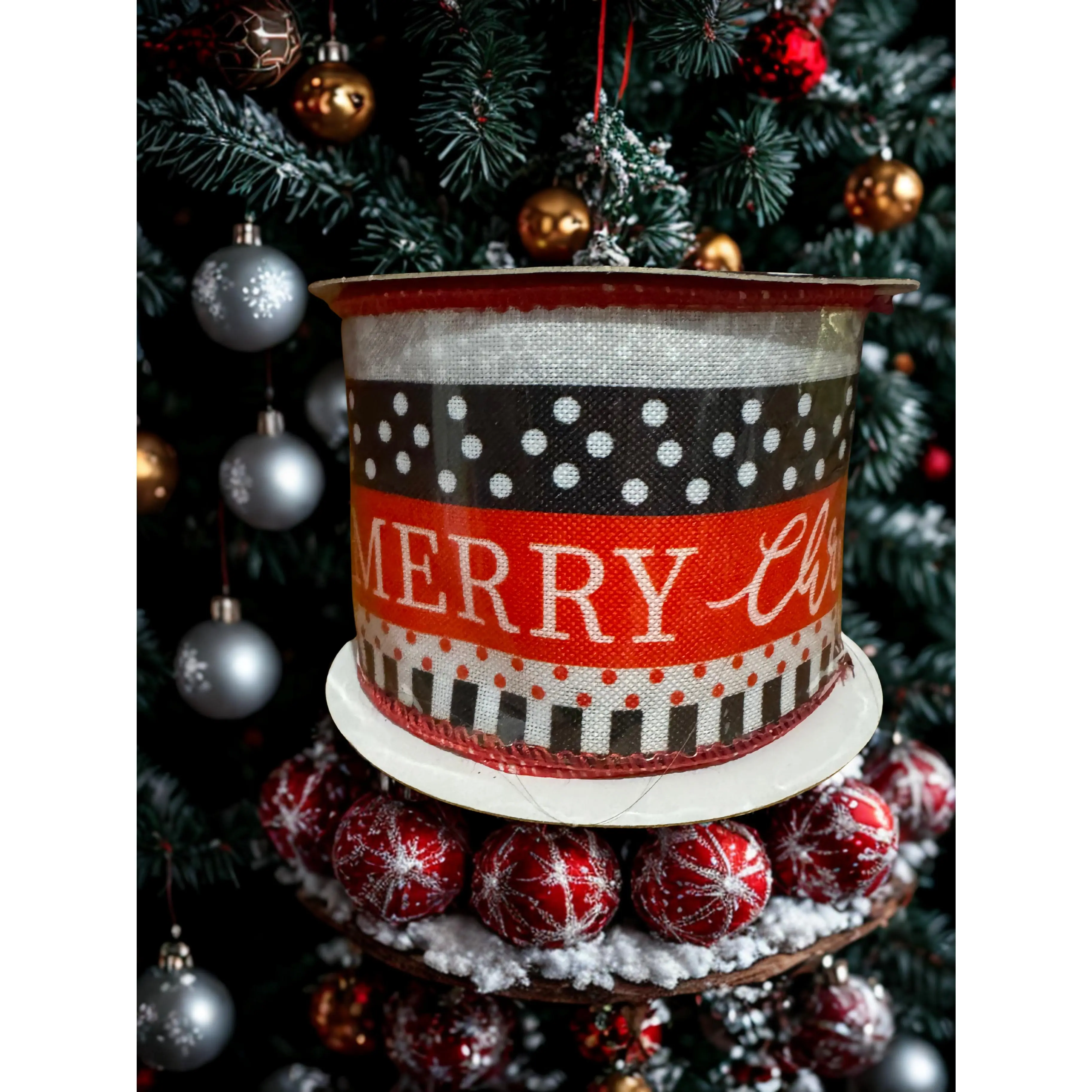 Red White and Black Merry Christmas Ribbon with White and Red Polka Dots 2.5 inch Wire Edge Ribbon