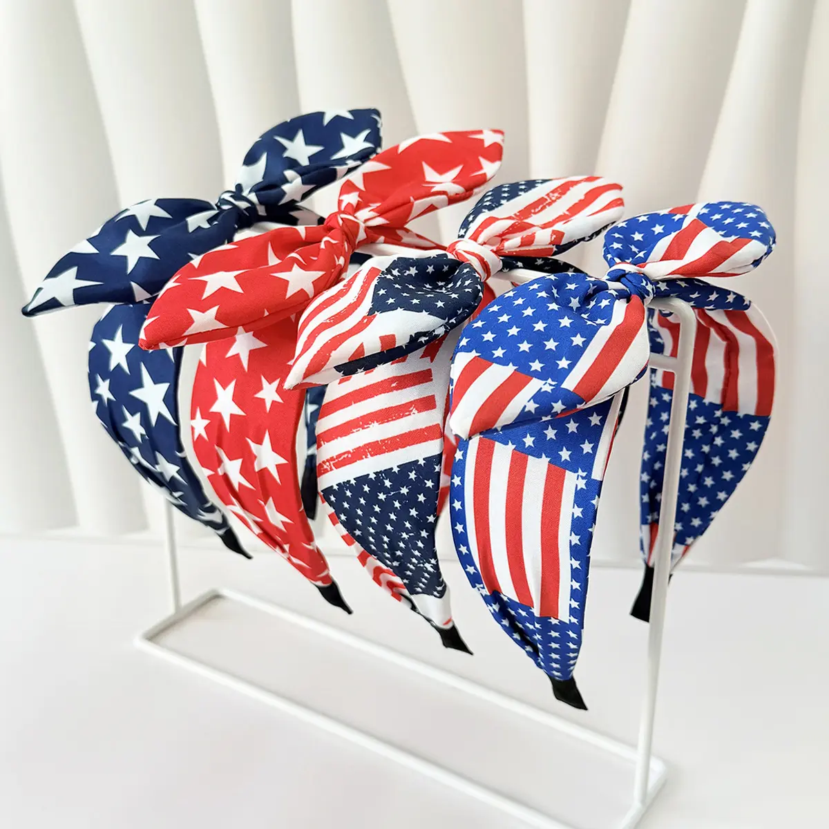 Women's Teens' 4PCS 1-Size Fabric Patriotic Red-White-Blue Star-Striped Knotted Bow Closure Headbands, USA Flag Party Accessory for Independence Day Memorial Day Bag Charms & Twillies, One Size, 4 Unique Designs