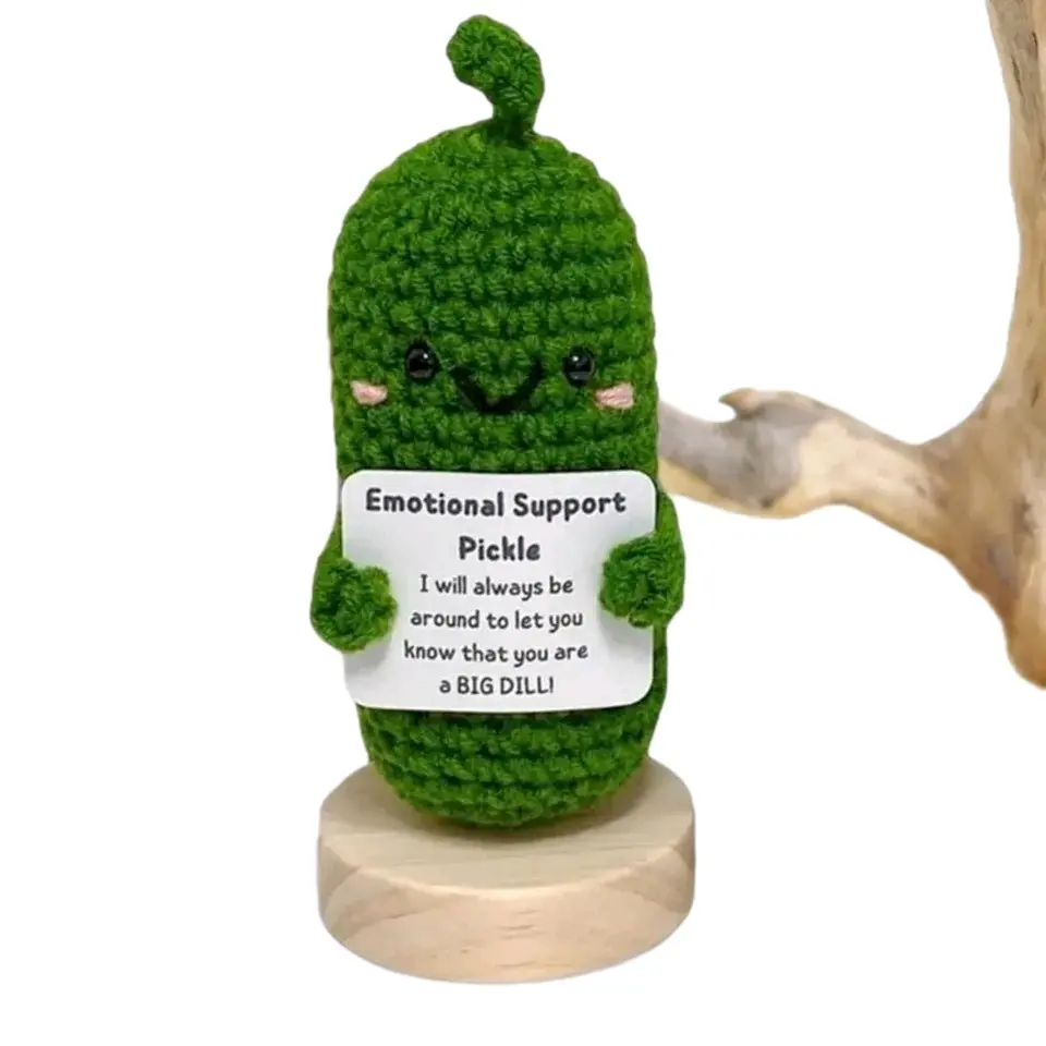 Handmade Emotional Support Pickle Crochet Smiley Sour Cucumber Knitted Pickle with Positive Card Cheer up Gift Crochet Decor