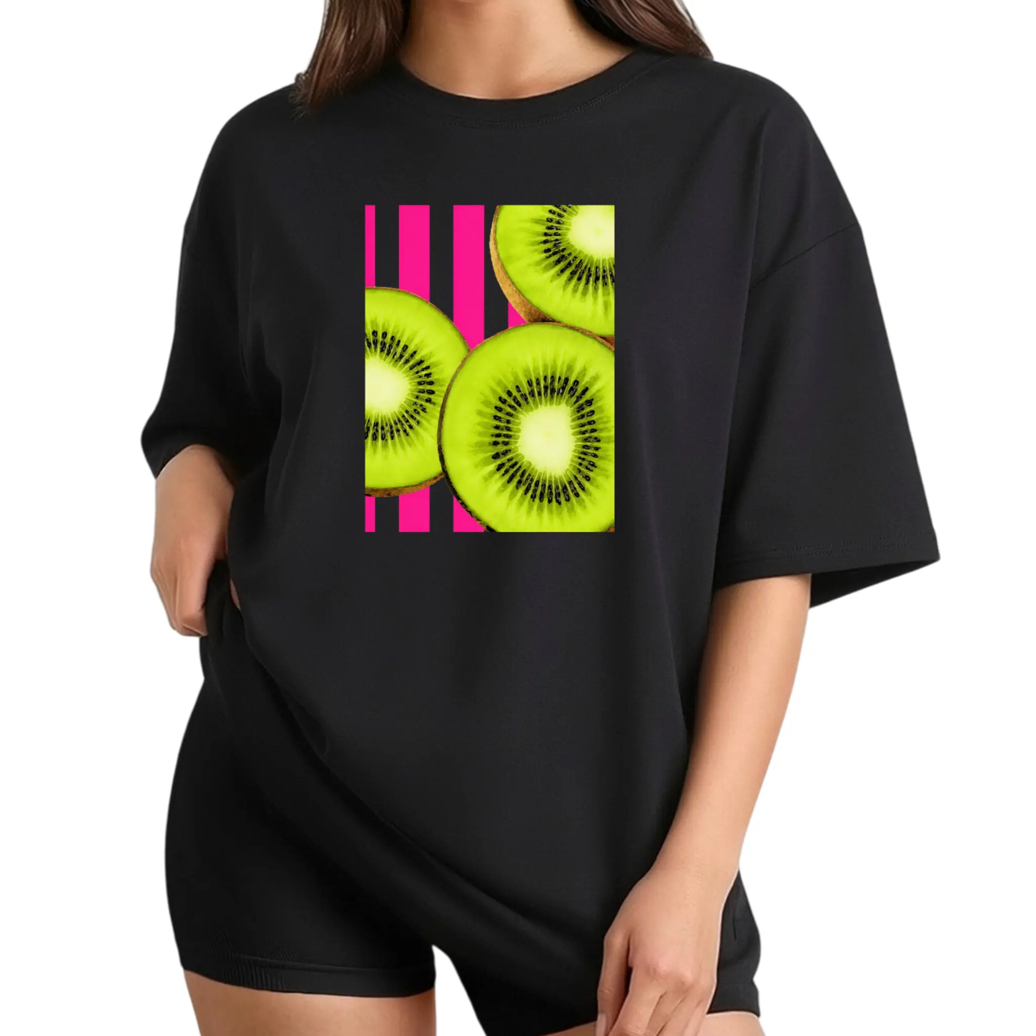 Kiwi Slices, Tropical Fruit Elegant Short-Sleeve T-Shirt for Women, Featuring a Printed Round Neck Design, Suitable for Spring And Summer Wear. This Fashionable, Versatile Casual Top Is Perfect for Commuting, Vacations, And Everyday Outfits Cotton Fabric