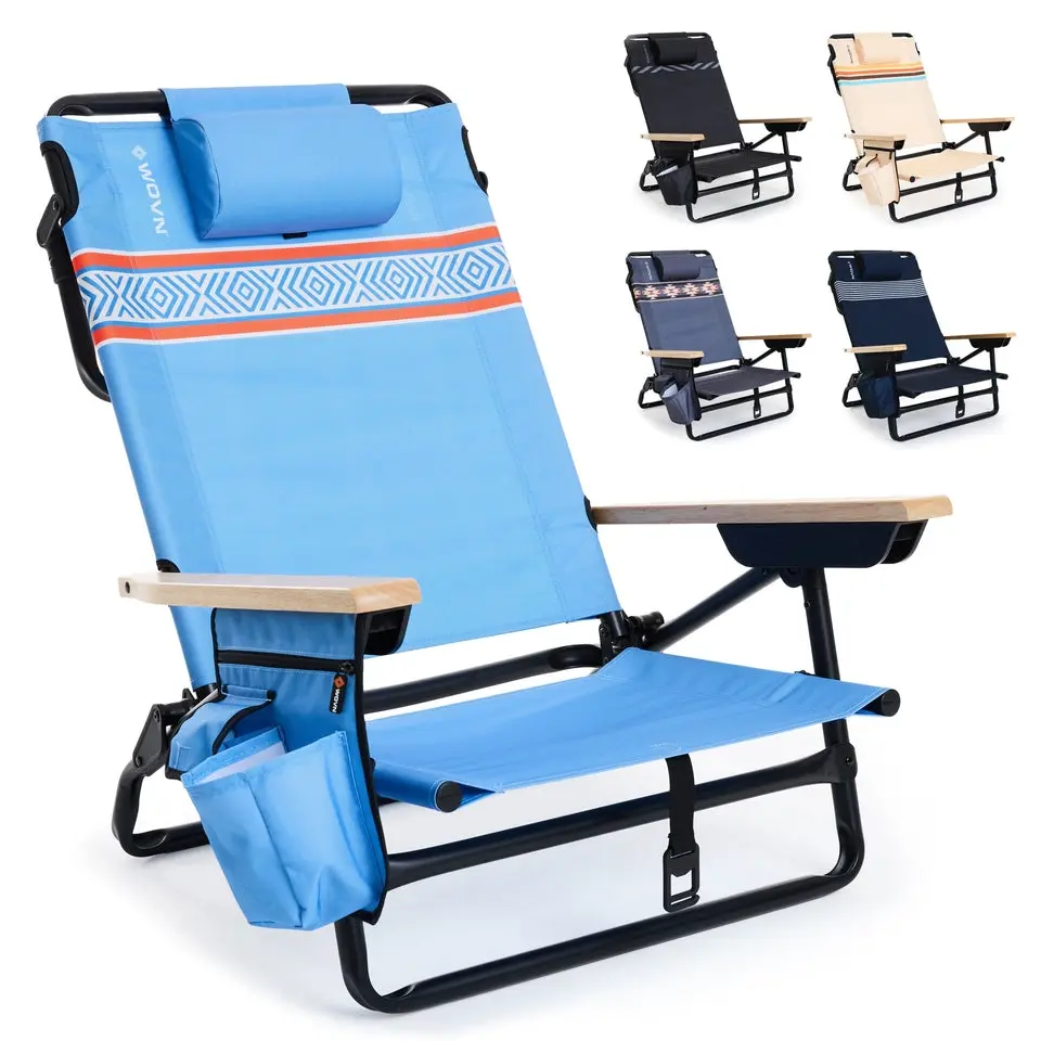 WOVN Premium Reclining Beach Chairs - Portable Lay Flat Folding Beach Chair for Adults - Includes Shoulder Backpack Strap, Pillow, 2 Pockets, and Cup Holder - Baja