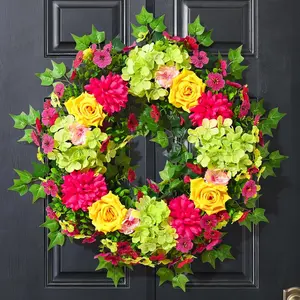 MARTINE MALL Spring Wreaths for Front Door 24 Inch Large Spring Summer Door Wreath Vibrant Colorful Hydrangea Rose Wreaths Artificial Flower Wreath for Indoor Outdoor Wall Farmhouse Porch Window Decor