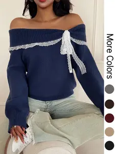 Women's off Shoulder Lace Bow Long Sleeve Pullover Sweater, Cute Fitted Knit Top for Fall & Winter, Casual Fashion for Ladies, Womenswear, Feminine, Women Fall Outfit, Cute Winter Sweater for Women, Autumn Knitwear