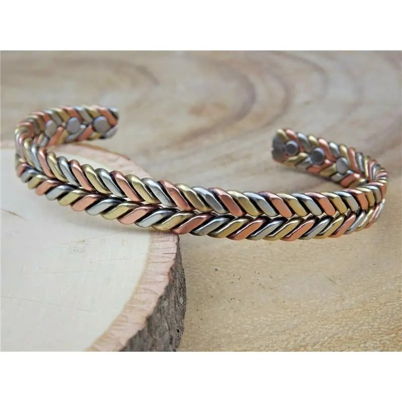 3 Tone Pure Solid Copper Magnetic Bracelet Arthritis Therapy Cuff Herringbone