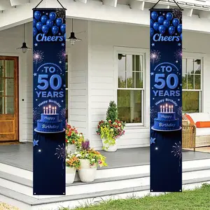 2D Door Banner 2pcs Polyester Happy 50th Birthday Door Banner Flag - Blue Cheers to 50th Hanging Backdrops, 12x70, 8 Inches, No Electricity Needed, Durable Polyester Material for Outdoor/Indoor Party Decorations, Birthday Party Decorations