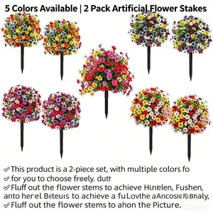 2 Pack UV Resistant Artificial Flower Stakes - No Fade Plastic Fake Flowers with Hydrangea Design for Outdoor Garden Patio Yard Porch Decor, No Maintenance Needed