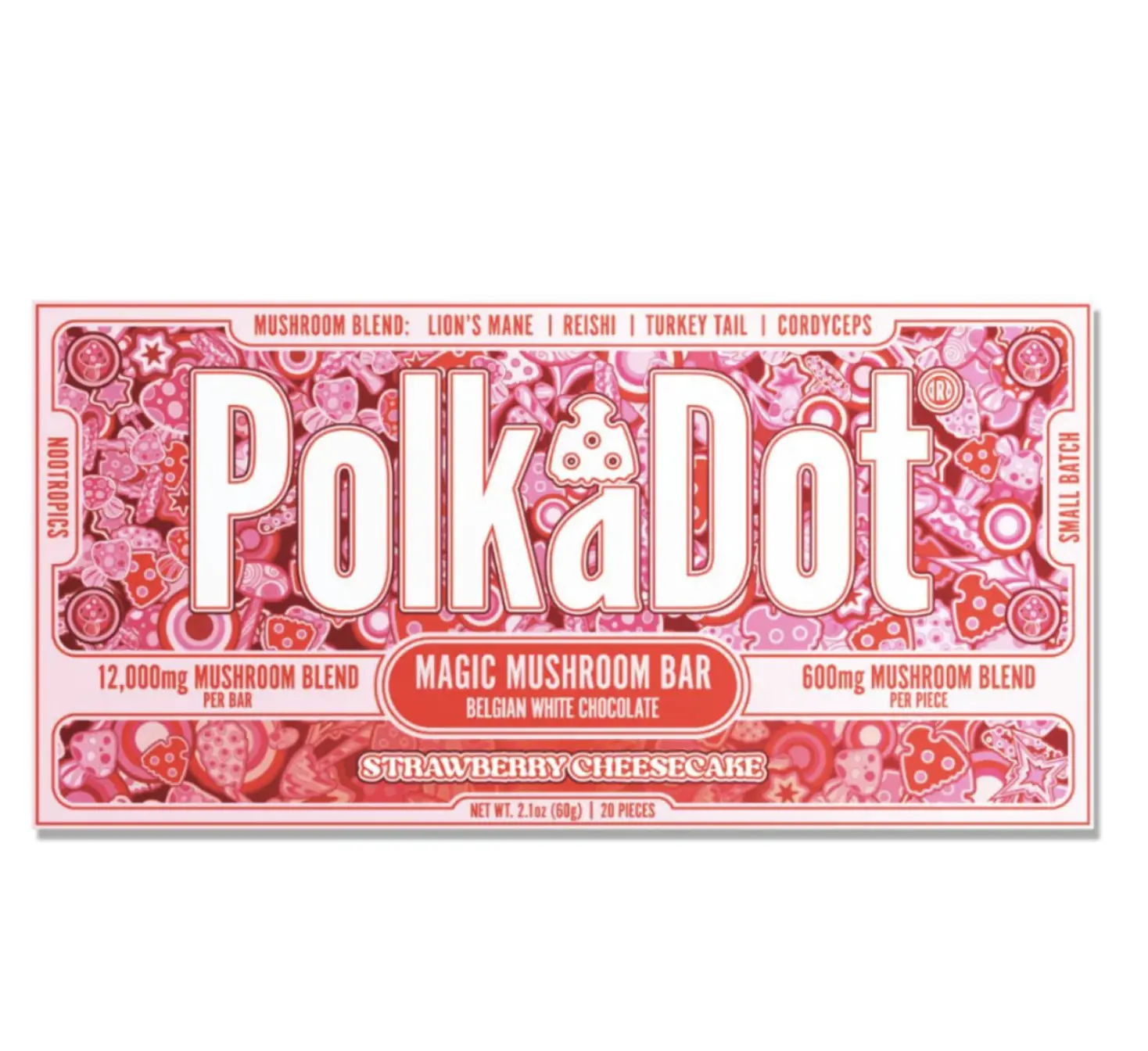 Polkadot Belgian Chocolate, Strawberry Cheesecake, 20 Count, High Potency Plant-based Snack, 100% Organic, High-Quality Ingredients, Made in USA, All Natural, Healthy Chocolate, 20 Piece Chocolate Bar