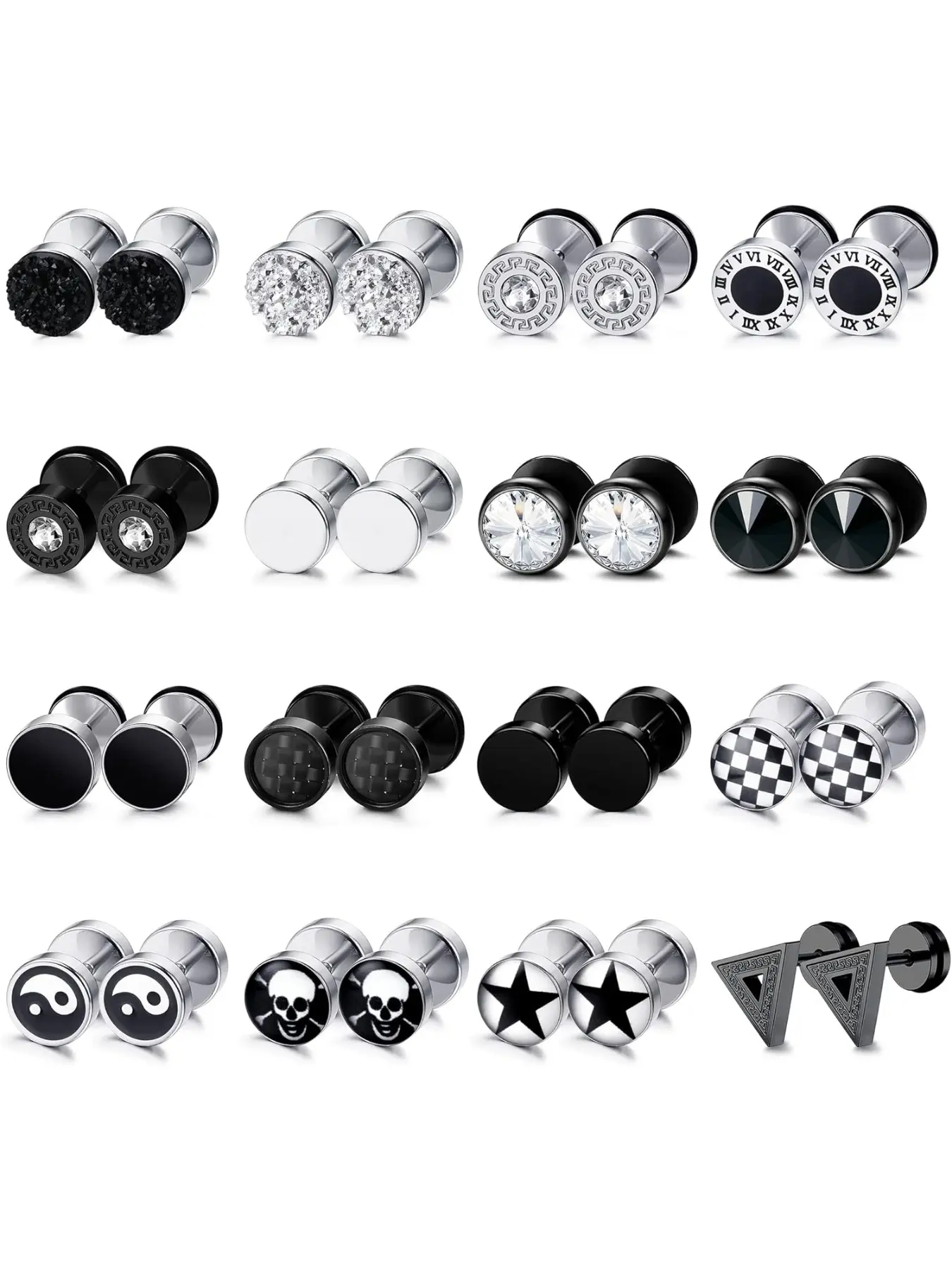 16 Pairs Fake Gauge Earrings for Men & Women, Stainless Steel Studs, Fake Ear Plugs, Star Design Jewelry, Stud Earrings, Ear Accessories
