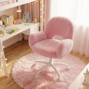 Raybee Vanity Chair with Round Hollow Back, Pink Desk Chair with Arms & Wheels, Cute Office Chair for Make-up Room, Bedroom, Home Office, Salon, Height Adjustable, Faux Rabbit Fur