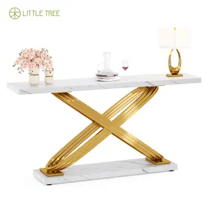 LITTLE TREE 55" Gold Console Table, Modern Faux Marble Entryway Table with Geometric Metal Base, Long Foyer Sofa Table for Living Room, Hallway, Entrance, Gold & White