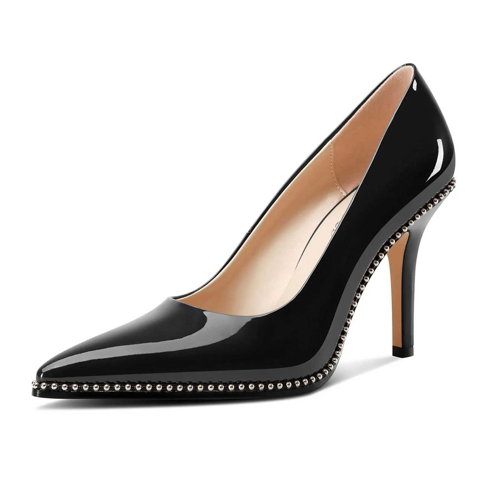 Womens Stiletto Mid martini Heel Pointed Toe Pumps Slip-on Sliver Beaded Prom Wedding Dress Basic Classic Patent Leather 3.5 Inches Heels saint ripper