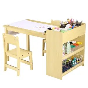 Garvee Art Table with 2 Chairs, Wooden Activity Desk for Toddlers with Large Storage Shelves, Perfect for Writing, Drawing, Nursery, Classroom, and Daycare Use