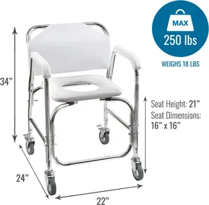 Rolling Shower Chair, Commode, Transport Chair, Eligible, Rolling Bathroom Wheelchair for Handicap, Elderly, Injured or Disabled, Rear Locking Wheels, 250 lb. Weight Capacity, White