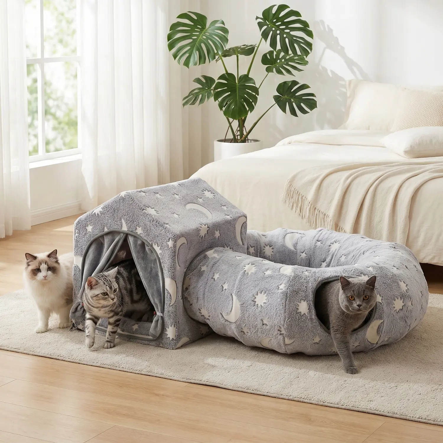 2-in-1 Cat Tunnel Bed, Soft Plush Cat House with Star & Moon Print, Foldable Cat Cave Bed with Interactive Toy Ball, Multi-Use Cat Bed Tunnel for Indoor Cats, Ideal for Kittens & Small Pets