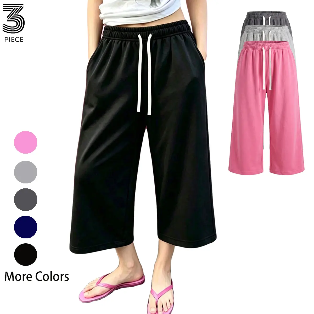 Women's Breathable 3-Quarter Wide-Leg Dry Clean Pants - Elastic Drawstring Waist, Angled Side Pockets, Lightweight Basic Bottoms for Work, Commute, Summer Daily Wear